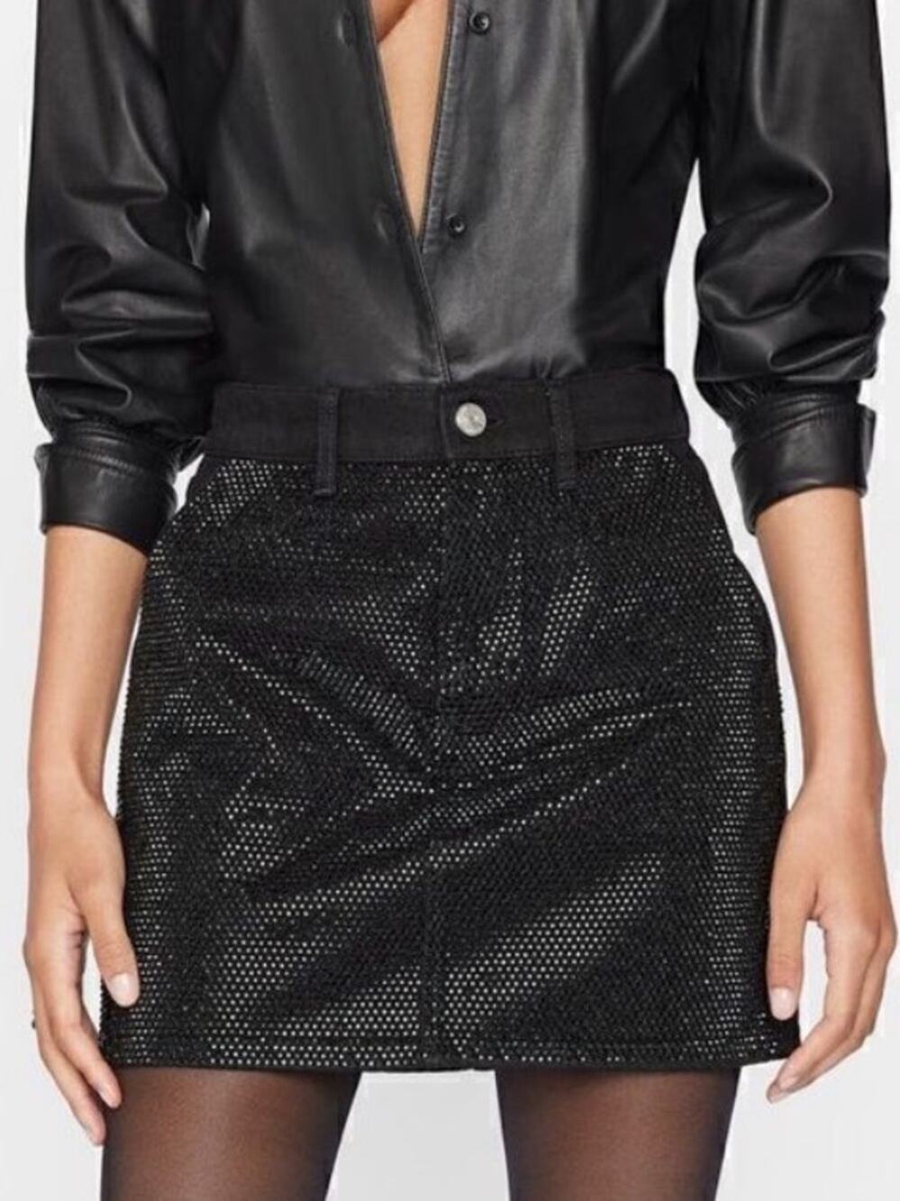 Frame Le Mini Rhinestone Jean Skirt Noir Glitz Black 30